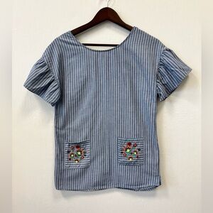 Hayden Girls Striped Cotton Top Blue Embroidered Pockets Size 14